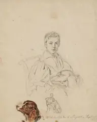 Deutsche Schule, Porträt eines Knaben mit seinem Hund, Bleistift und Aquarell auf Papier