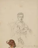 Deutsche Schule, Porträt eines Knaben mit seinem Hund, Bleistift und Aquarell auf Papier