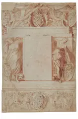 Andrea Camassei, Dekorationsprojekt mit dem Wappen der Familie Barberini, Schwarze Tusche über Bleistift, laviert auf beigem Papier