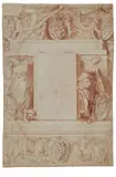 Andrea Camassei, Dekorationsprojekt mit dem Wappen der Familie Barberini, Schwarze Tusche über Bleistift, laviert auf beigem Papier