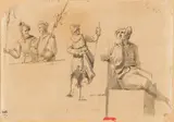 Italienische Schule, Blatt mit verschiedenen Figurenstudien (Soldaten, Hellebardenträgern), Lavierte Federzeichnung auf Papier