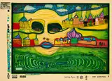 Friedensreich Hundertwasser, Irinaland über dem Balkan (Aus: Look at it on a rainy day), 1971/72, Farbserigrafie, teilweise phosphoreszierend und Metallprägung auf leichtem Karton