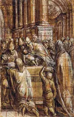Hans Muelich, Die Darbringung Christi im Tempel, vor 1572, Schwarze und braune Kreide, weiß gehöht, quadriert auf beigem Papier