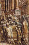 Hans Muelich, Die Darbringung Christi im Tempel, vor 1572, Schwarze und braune Kreide, weiß gehöht, quadriert auf beigem Papier