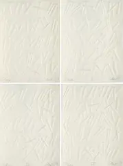 Günther Uecker, Schrift der Nägel, 2007, Serie von 4 Prägedrucken auf handgeschöpftem Bütten. In der originalen Box