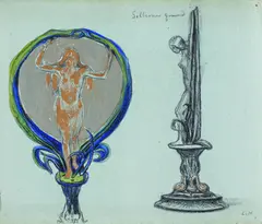 Entwurf für einen Spiegel by Ludwig von Hofmann, Schwarze, goldene, silberne, grüne und blaue Kreide auf Karton, sold May 2024