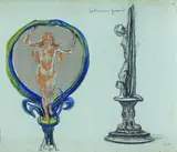 Ludwig von Hofmann, Entwurf für einen Spiegel, Schwarze, goldene, silberne, grüne und blaue Kreide auf Karton