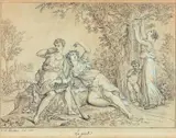 Claude Louis Desrais, Sechs Zeichnungen: Darstellung der sechs Sinne, 1810, Jeweils: Tuschfeder, laviert und weiß gehöht auf Papier