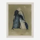 Leonora Carrington, Dos figuras con cuervos (State II), etching and aquatint in colors