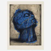 William Kentridge, Head (Blue), 1993-98, drypoint with hand-coloring on Velin d'Arches Blanc 300gsm