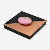 Keith Tyson, Polarity, Place, Pattern, Pebble, Paint, Position, Patina: Paperweight (Parkett 71), 2004, pebble on copper plate, partially painted in enamel, mounted on rubber base; printed paper
