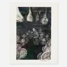 Niki Ekstrom, Man Sitting Among Hanging Parma Schinken, 1985, gelatin silver print