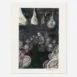 Niki Ekstrom, Man Sitting Among Hanging Parma Schinken, 1985, gelatin silver print