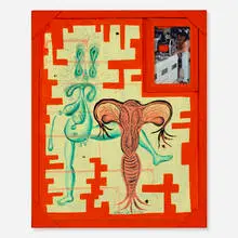Cisco Jiménez, Comprando Una Estufa Pero Ovulando Al Mismo Tiempo, 1999, acrylic, enamel, C-print and collage on panel