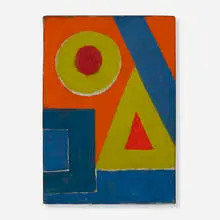 Tom Hannan, Geometric Abstraction in Blue, Orange and Mustard, c. 1965, oil on linen