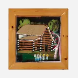 Jimmy Lee Sudduth, Log Cabin with Figures, paint and sweet mud on board