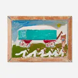 Jimmy Lee Sudduth, Cotton Wagon with Figures, paint and sweet mud on found cabinet door