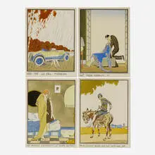 Ettore Tito, Four works from the Quatre proverbes par Tito portfolio, c. 1927, pochoir with hand-coloring