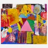 Jannis Varelas, Untitled, 2017, oil, oil stick, pastel, collage, felt-tip marker, gesso on canvas