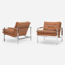Lounge chairs model 951, pair by Milo Baughman, 1966, chrome-plated steel, upholstery, sold Apr 2022