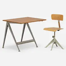 Reply drafting table and task chair by Wim Rietveld and Friso Kramer, enameled steel, stainless steel, oak plywood, walnut, sold Apr 2022