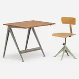 Reply drafting table and task chair by Wim Rietveld and Friso Kramer, enameled steel, stainless steel, oak plywood, walnut, sold Apr 2022
