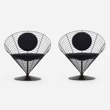 Lounge chairs, model 8800 by Verner Panton, 1958 / 1988, enameled steel, upholstery, sold Apr 2022