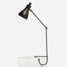 attribution Gerald Thurston, Counterbalance table lamp, c. 1950, enameled copper, plastic, brass-plated steel