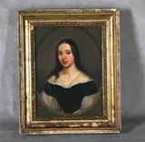 Portrait of a Young Lady wearing a Black Dress by American School, Oil on board, sold Nov 2024