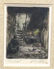 American School, Barn, Black and white etching with colored highlights
