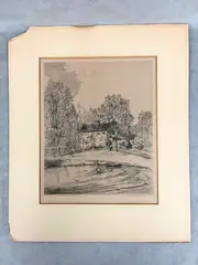 Louis Orr, Connecticut Scene with House and Water, Black and white etching