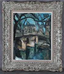 Yves André Moleux, Parisian Bridge, Oil on board