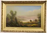 River Landscape with Figures and Cows and Sailboats by American School, Oil on canvas, sold Dec 2024