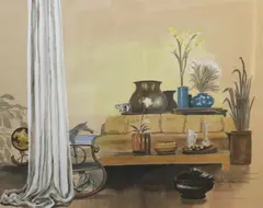 Arthur Cotton Moore, Tabletop still life with objects, Watercolor on paper