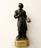 Guillaume Geefs, L' Artiste Peintre, circa 1842, Brussells, 1842", mounted on marble base with incut corners, sculpture with wear consistent with age and use, some scratches to deep patina. - Height: 16.75 in. (including base); Base: 2.5 in