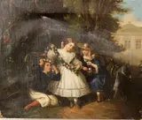 American School, Girls Making Flower Garlands, (for restoration), Oil on canvas