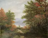 American School, Early Fall view of the lake, Oil on canvas
