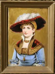 Continental School, Young Lady wearing a Fancy Hat, Mixed media on a porcelain plate