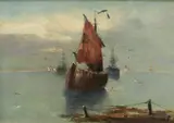 Northern Continental School, Moored Sailing Vessels by a Coast at Dusk, Oil on canvas