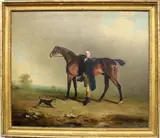 Benjamin Marshall, A Gentleman with a Bay Hunter and Terrier in a Landscape, Oil on canvas