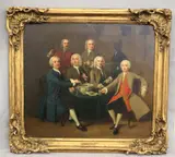 Gentlemen Drinking and Smoking Pipes 'Round a Table, a servant bearing a bowl of punch by English School, Oil on canvas, sold Mar 2025