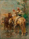 Henri Emilien Rousseau, Two Horsemen, Oil on panel