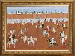 Hassan El Glaoui, Fantasia Horsemen, Gouache on card adhered to board