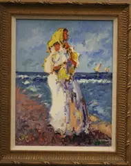 Spanish School, Mother and Child at the Beach, Oil on canvas