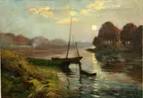 Leon Esperance Broquet, Late Afternoon View with a Boat, Oil on canvas