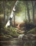 Wooded Area With Stream by American School, Oil on board, sold Mar 2025