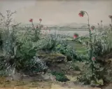 Continental School, View of the Lake with Poppy Seed Flowers, Watercolor on paper