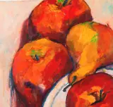 3 Apples and a Pear by American School, Oil on board, sold Mar 2025