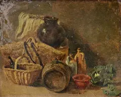 English School, Still Life with a Wicker Basket, Oil on paper laid down to board