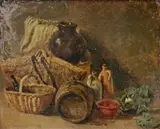 Still Life with a Wicker Basket by English School, Oil on paper laid down to board, sold Mar 2025